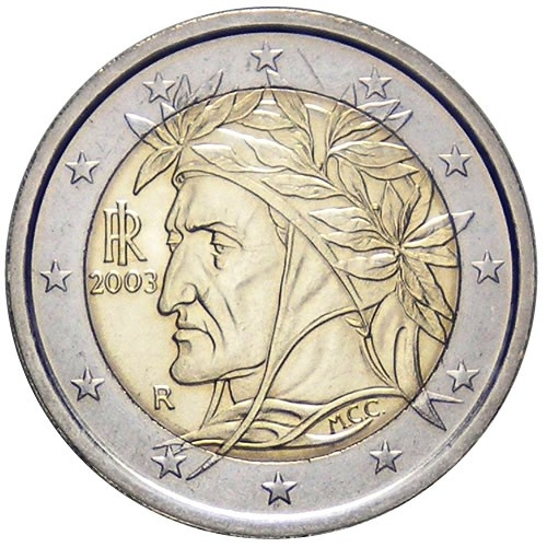 Dante en la moneda de 2€ italiana